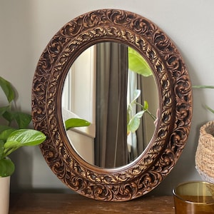 Vintage Ornate Oval Gold Gilded Wall Hanging Mirror - Baroque/Rococo-inspired - 15&quot; x 12&quot;