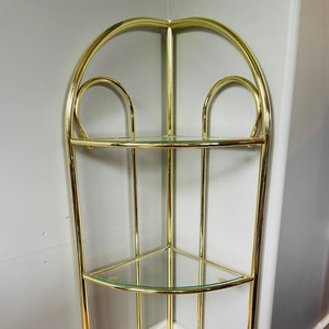 Vintage Gold Brass Corner Shelf With 3 Glass Shelves - 38.75” Tall