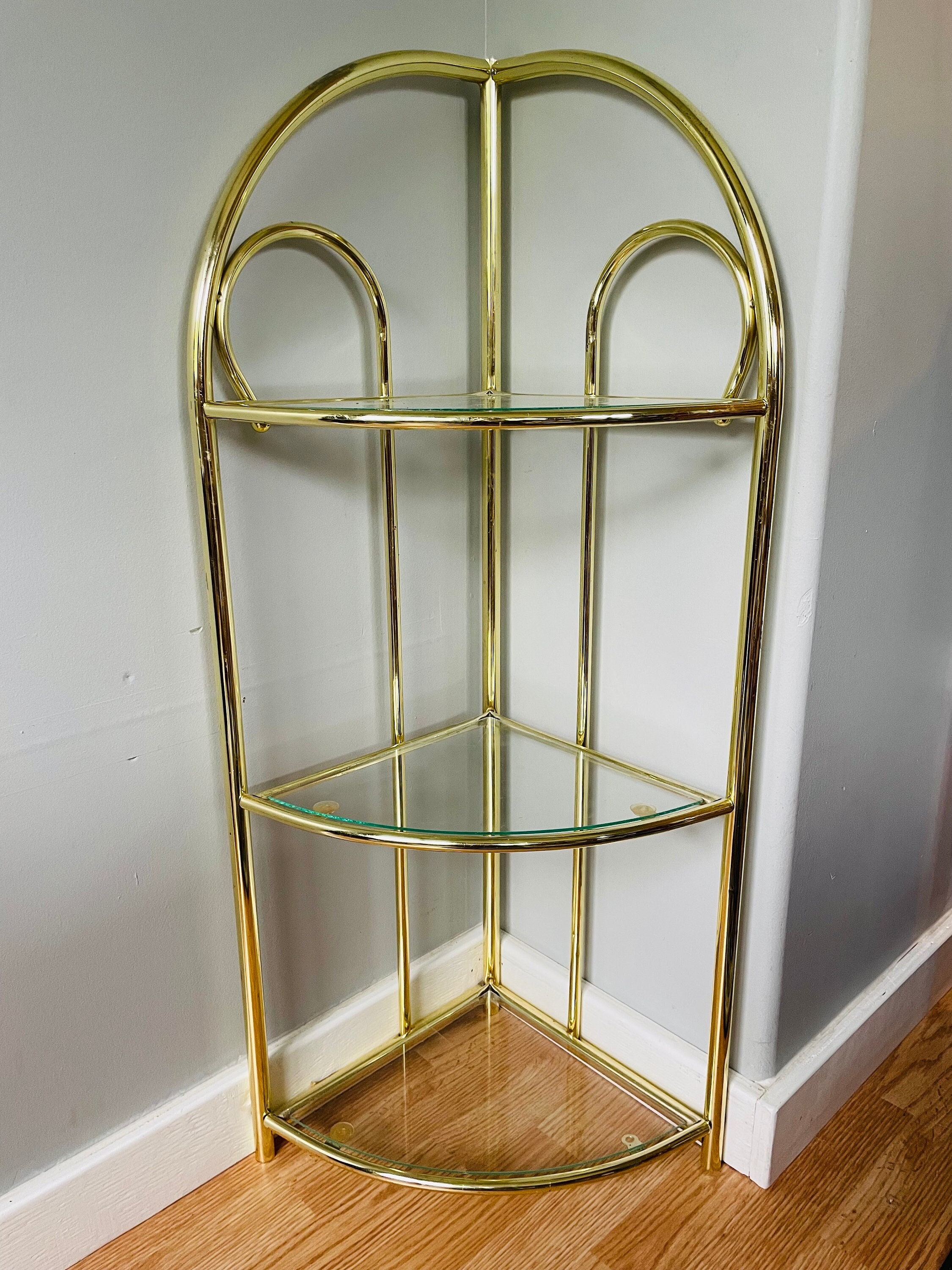 Vintage Gold Brass Corner Shelf With 3 Glass Shelves - 38.75” Tall
