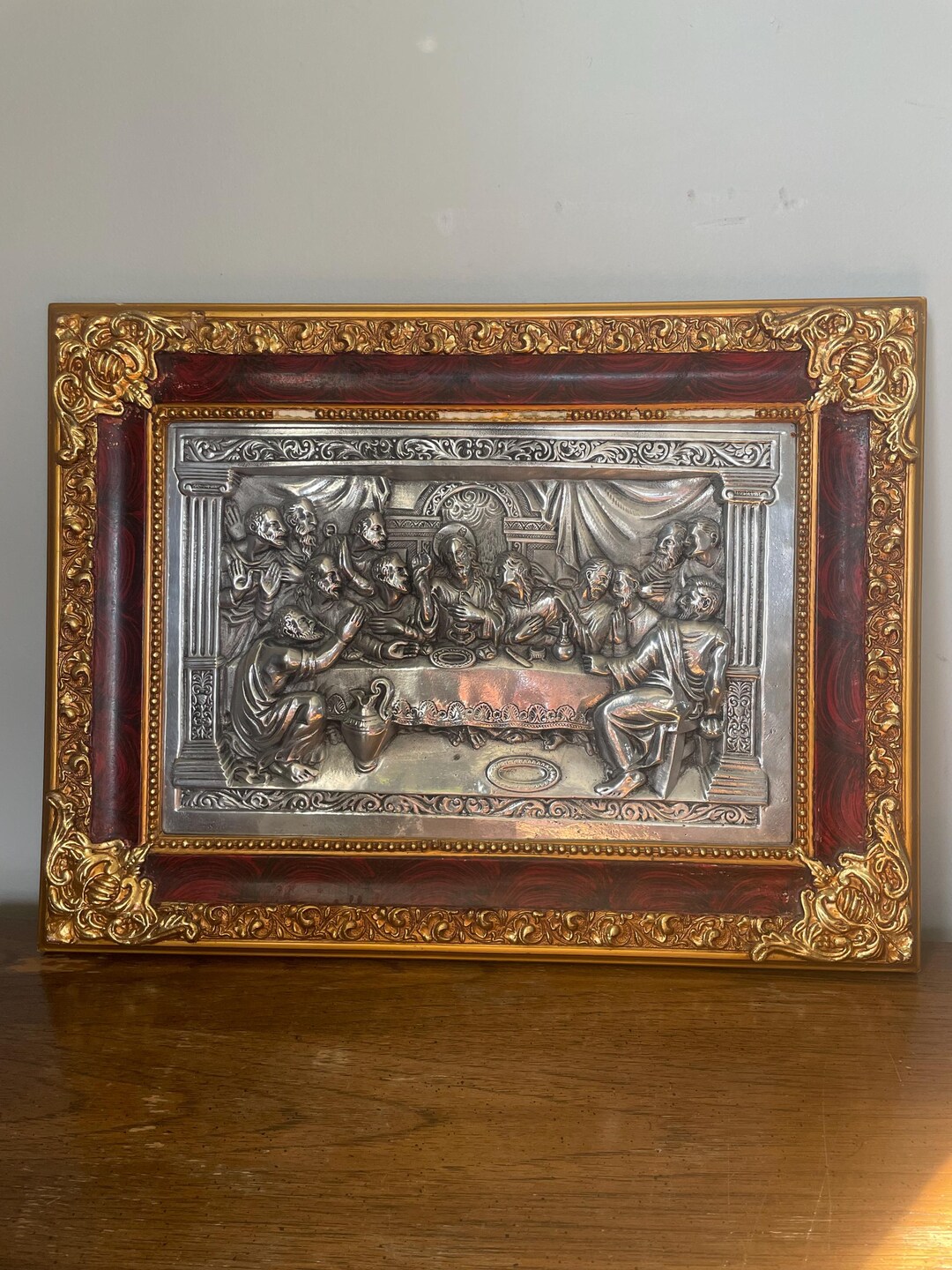 Vintage Framed Last Supper Art – Ornate Gold and Red Frame – Made in ...