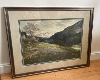 Vintage Framed Landscape Print with Glass - 26.25” x 33.75 - Countryside, Mountains, Cottage, Moody wall art