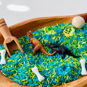 Dinosaur Sensory Rice Kit: 21-pc T-Rex Toys, Gems, Bones