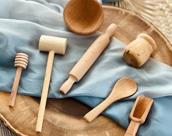 Ensemble d'outils sensoriels 7 pièces, cuillère en bois, ensemble de jeu en bois, outils Montessori, activité sensorielle, jouets ouverts, matériaux Montessori