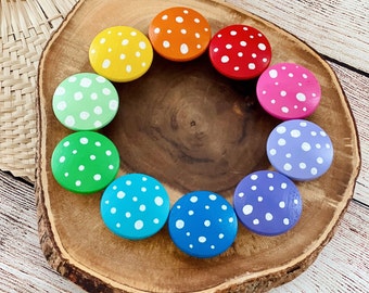 10 Rainbow Mushrooms, Wooden Mushrooms, Sorting Toy, Wood Peg Dolls, Wooden Play Set, Waldorf Rainbow, Loose Parts Play