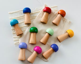 Handmade Rainbow Mushroom Peg Dolls for Educational and Interactive Play