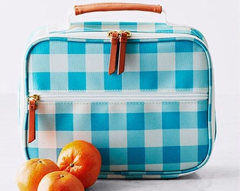 Blue Plaid Lunch Box, Cute Lunch Bag, Lunch Bag For Women, Tote Bag With Zipper, Canvas Lunch Bag, Insulated Lunch Bag, Kids Lunch Bag