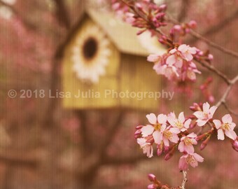 Vintage Yellow Floral Birdhouse with Macro Pink Cherry Blossoms