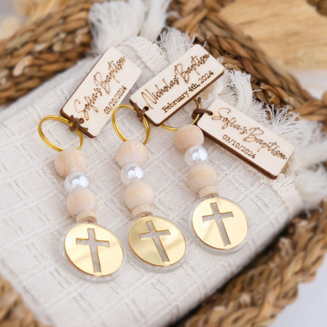 Personalized Baptism Keychain – Wood Beads, Acrylic Cross, Christening ...