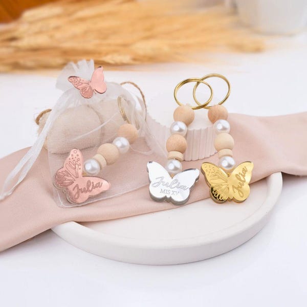 Quinceañera sleutelhanger gunsten gepersonaliseerd | Elegante Sweet 15 & Sweet 16-cadeaus | Aangepaste Mis XV-feestgunsten voor gasten, vlinderbedankjes