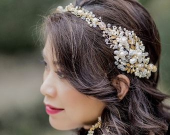 Wedding tiara full crown Grecian asymmetric headband  Bridal floral crown MARINA, crystals, pearls , gold brass leaves