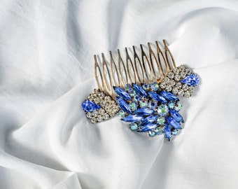 JACKIE rhinestone hair comb - something blue - repurposed vintage rhinestone hair adornment