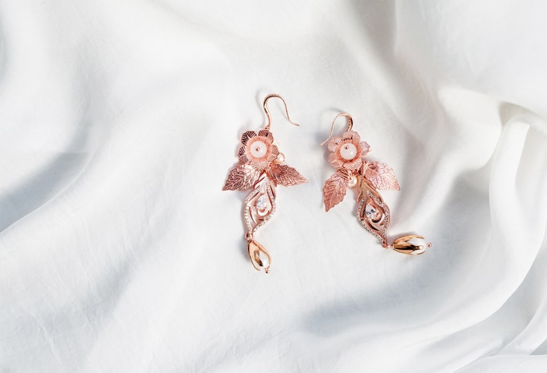 Bridal flower earrings CORINNA rose gold chandelier earrings image 1