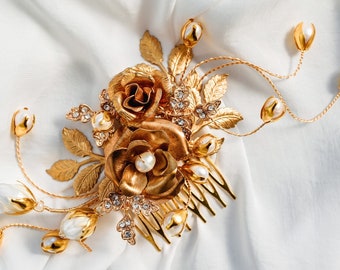 WEDDING Hair Comb RITA, Gold Rose and Glass Lampwork Rosebuds - pave rhinestone hair adornment - Bridal Haircomb