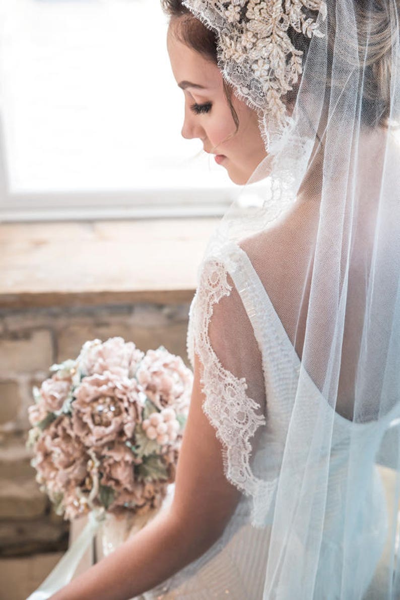 Wedding veil ISABELLE Silk Mantilla Veil with pure silk lace and beaded lace applique', Bridal Veil, Chapel Veil image 6