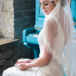 LAST ONE Juliet cap veil VALENTINA ivory Bridal beaded lace veil point d'esprit fingertip veil polka dot veil Swiss dot circle veil image 5