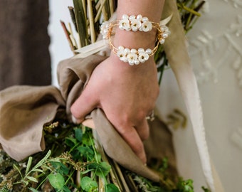 Bridal cuff - CONSTANCE - pearls, carved shell flowers and gold crystals on gold wire frame with ribbon tie - wrist corsage - bracelet