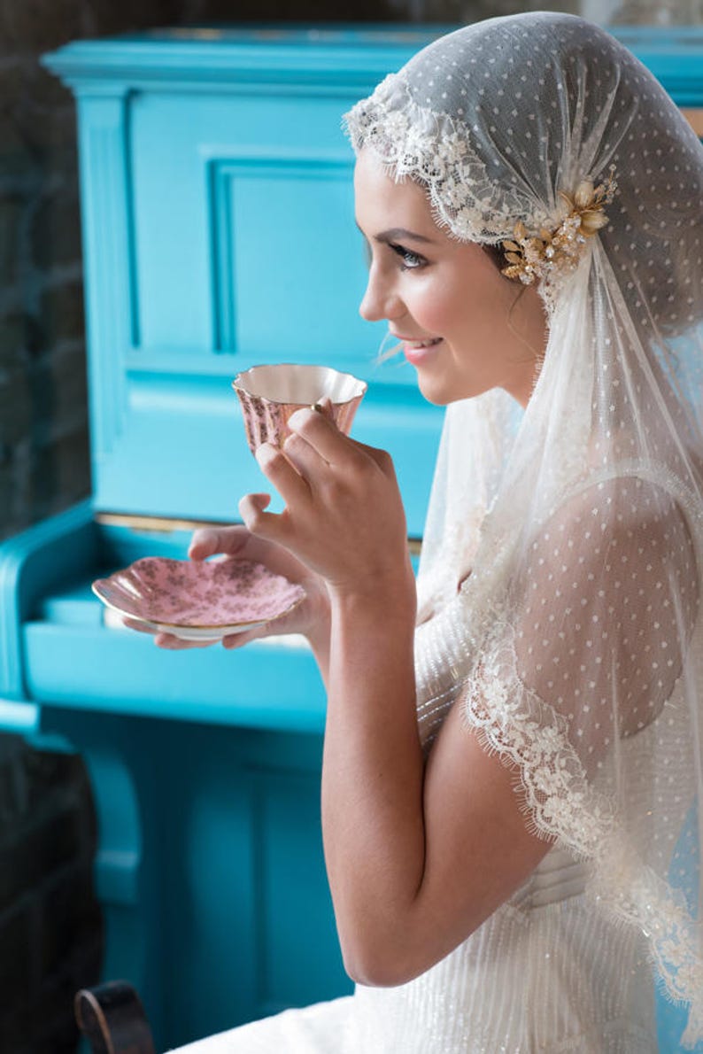 LAST ONE Juliet cap veil VALENTINA ivory Bridal beaded lace veil point d'esprit fingertip veil polka dot veil Swiss dot circle veil image 8