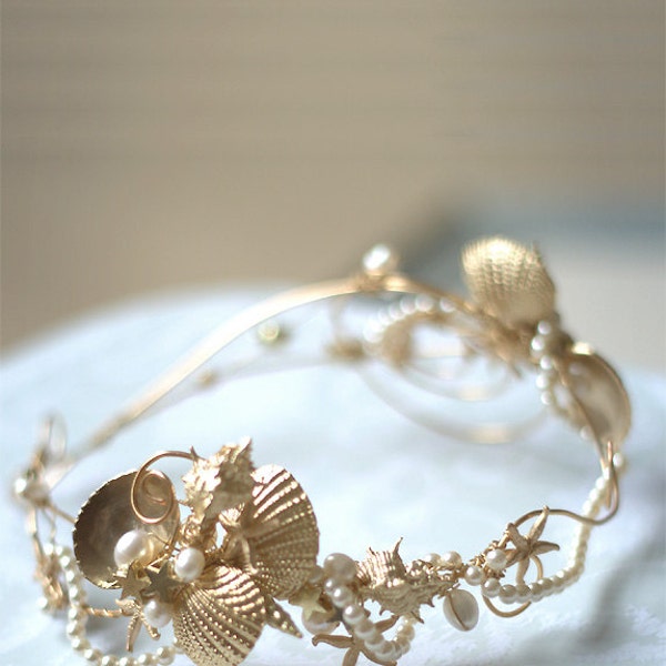 WEDDING HEADBAND  Bridal seashell crown  SIREN , gold, hair vine, pearl, seashells, stars. Made to order.