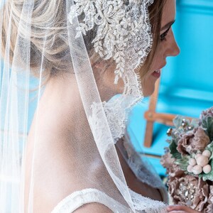 Wedding veil ISABELLE Silk Mantilla Veil with pure silk lace and beaded lace applique', Bridal Veil, Chapel Veil image 5