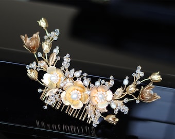 Bridal flower large hair comb - ELLIE -  gold