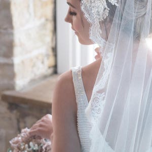 Wedding veil ISABELLE Silk Mantilla Veil with pure silk lace and beaded lace applique', Bridal Veil, Chapel Veil image 4