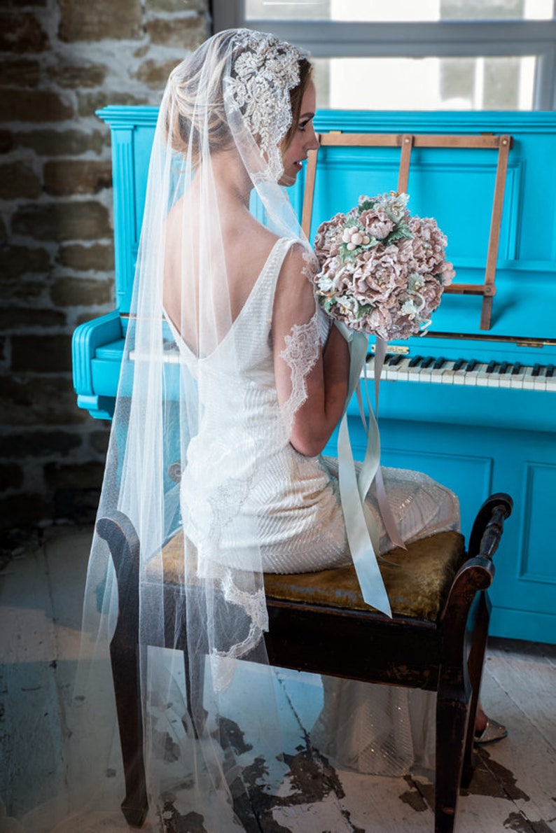 Wedding veil ISABELLE Silk Mantilla Veil with pure silk lace and beaded lace applique', Bridal Veil, Chapel Veil image 1