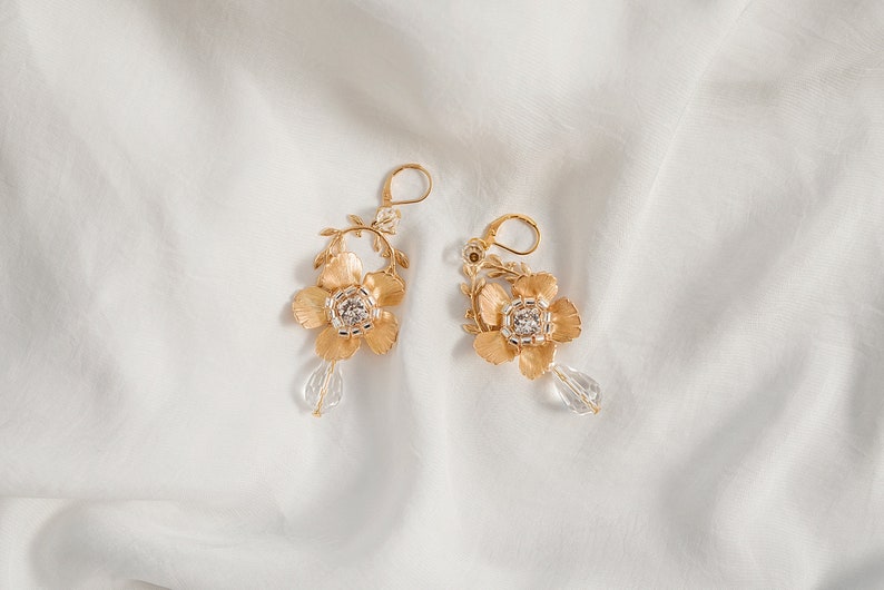 Bridal flower earrings ELLIE gold chandelier earrings image 1