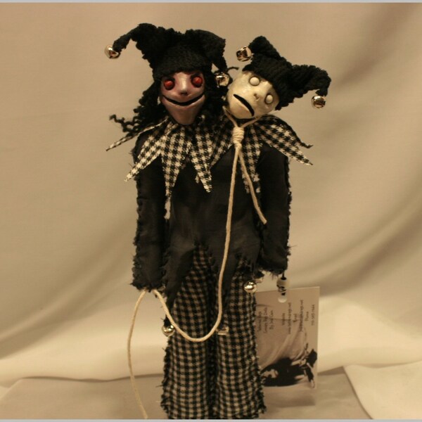 OOAK Siamese Twin Evil Jester Clay Head Doll Creepy Gothic Folk Art By Jodi Cain