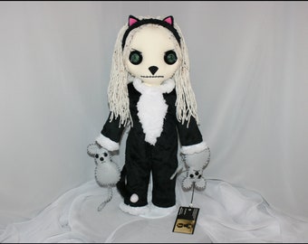 Hand Stitched Rag Doll With Mice Cat Costume Creepy Gothic Folk Art By Jodi Cain Tattered Rags