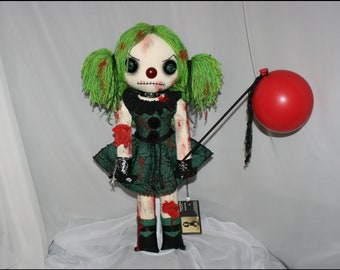 OOAK Hand Stitched Zombie Clown Rag Doll Bloody Creepy Gothic Horror Folk Art Gore By Jodi Cain Tattered Rags