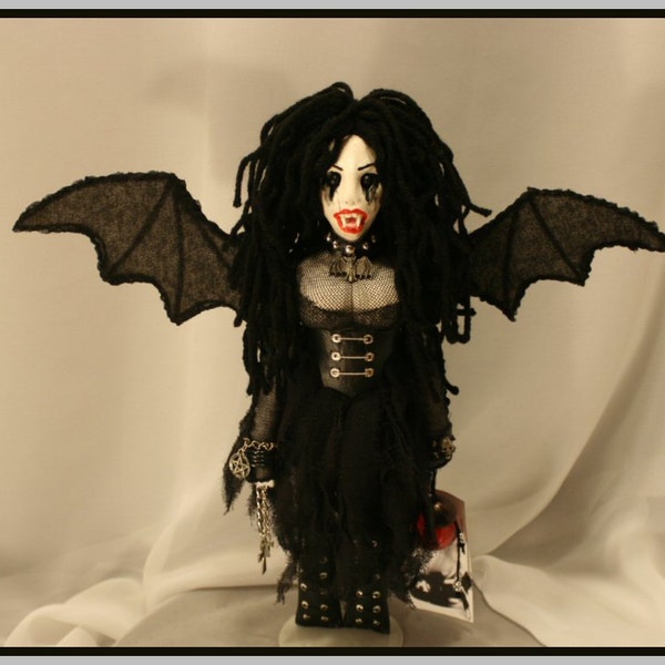 OOAK Vampire Fairy Clay Head and Cloth Doll Creepy Gothic Folk Art By Jodi Cain