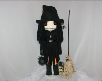 OOAK Hand Stitched Witch Rag Doll Creepy Gothic Halloween Folk Art By Jodi Cain Tattered Rags