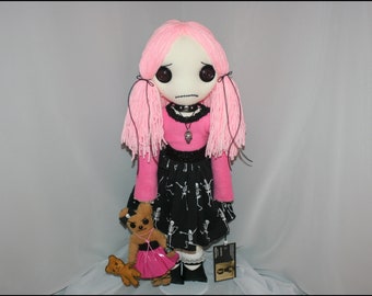 OOAK Hand Stitched Rag Doll With Teddy Bear Creepy Gothic Folk Art by Jodi Cain Tattered Rags