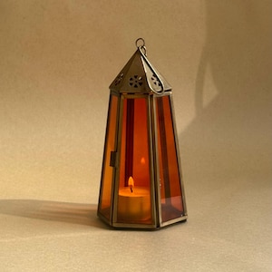 Vintage Glass Lantern, Tea light Candleholder, Orange Glass Lantern, Amber Glass Lantern