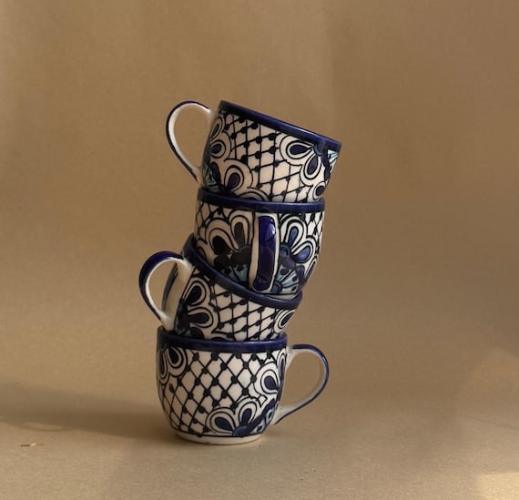 Hand Painted Ceramic Espresso Cup Set: Floral Stacking Pottery