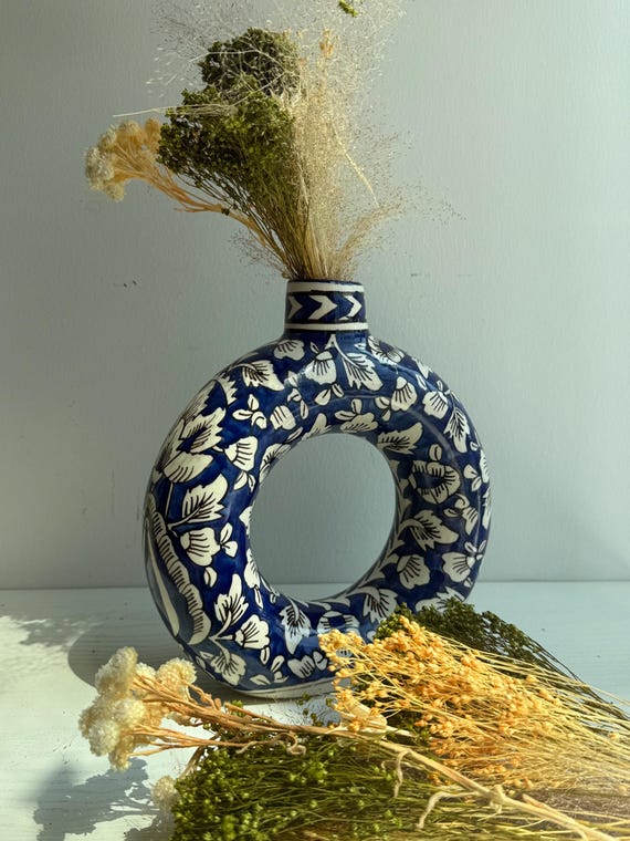 One-of-a-Kind Hand-Painted Donut Ceramic Vase, Unique Blue Floral Pottery, Colorful Home Decor Accent