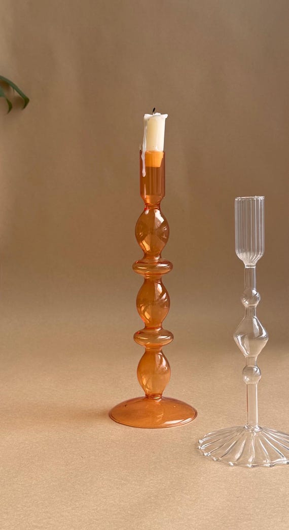 Ribbed Glass Candlestick Holder: Mid Century Boho Home Decor