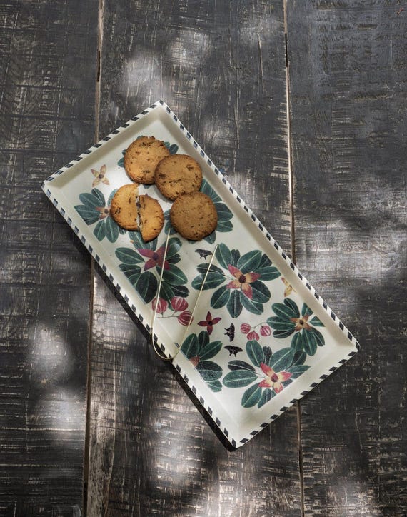 Floral Serving Tray with Tongs