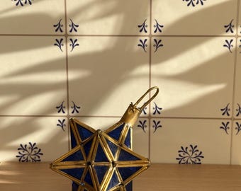Vintage Blue Stained Glass Star Lantern: Handcrafted.