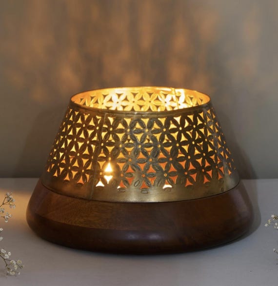 Engraved Brass & Walnut Lantern: Tea Light Candle Holder