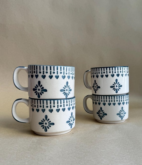 Hand Painted Ceramic Espresso Cup Set of 2 : Blue Heart Design