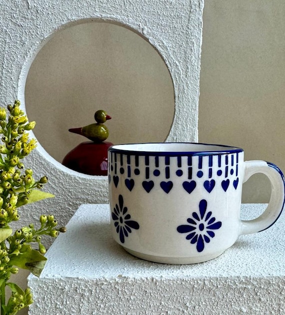 Hand Painted Ceramic Coffee Cup: Blue Heart Motif Espresso Cup