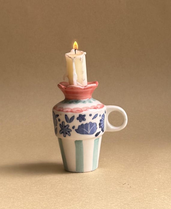 Hand-Painted Ceramic Candle Holder: Whimsical Floral Vintage Decor