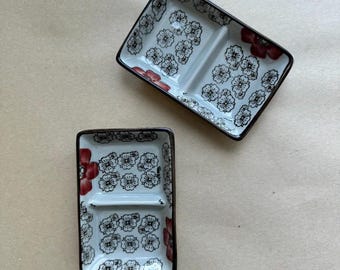 Handcrafted Floral Dipping Dish Set of 2 – Dual-Section Ceramic Sauce Bowl.