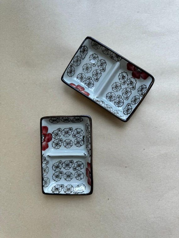 Handcrafted Floral Dipping Dish Set of 2 – Dual-Section Ceramic Sauce Bowl.