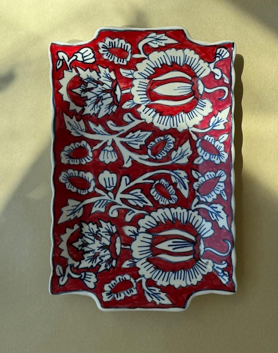 Hand-Painted Red Floral Ceramic Platter: Rectangular Serving Tray