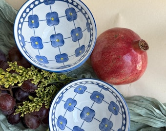 Blue Flower Ceramic bowl Set of 2, Hand Painted flower, Decorative bowl, Ceramic Pottery, Gift