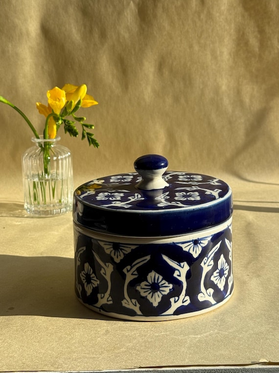Hand-Painted Ceramic Casserole Dish: Blue Floral Heart Motif, Rustic Farmhouse