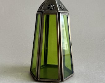 Vintage Glass Lantern, Tea light Candleholder, Green Glass Lantern