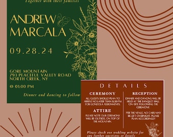 Puede incluir: Una invitación de boda verde y dorada con detalles florales. La invitación incluye los nombres de la pareja, Andrew y Marcala, la fecha de la boda, 09.28.24, el lugar, Gore Mountain, y la hora, 1:00 PM. La invitación también incluye detalles sobre la ceremonia y la recepción, incluyendo el atuendo y la información sobre el estacionamiento.